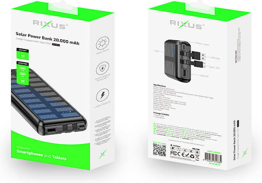 Rixus RXPB47 Solar Power Bank 20000mAh 10W with USB-A Port and USB-C Port Black