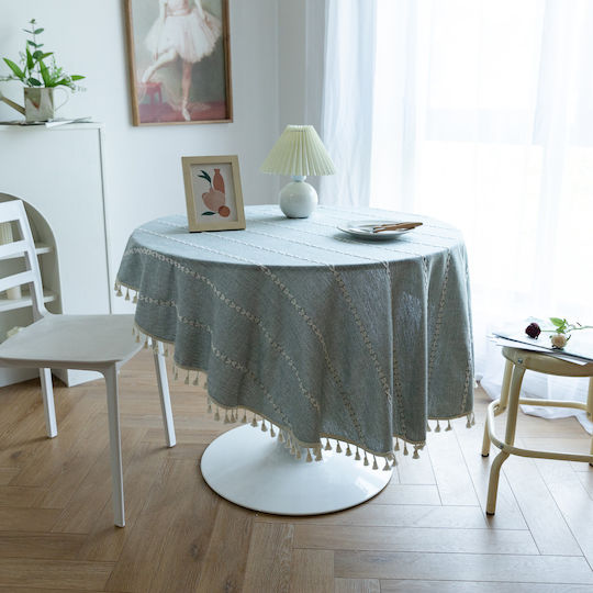 FRIPIA Tablecloth Rotunda Linen With Gray Embroidery Φ160cm