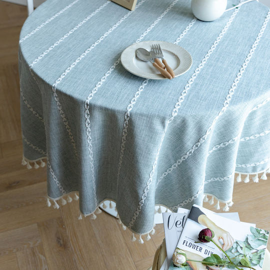 FRIPIA Tablecloth Rotunda Linen With Gray Embroidery Φ160cm
