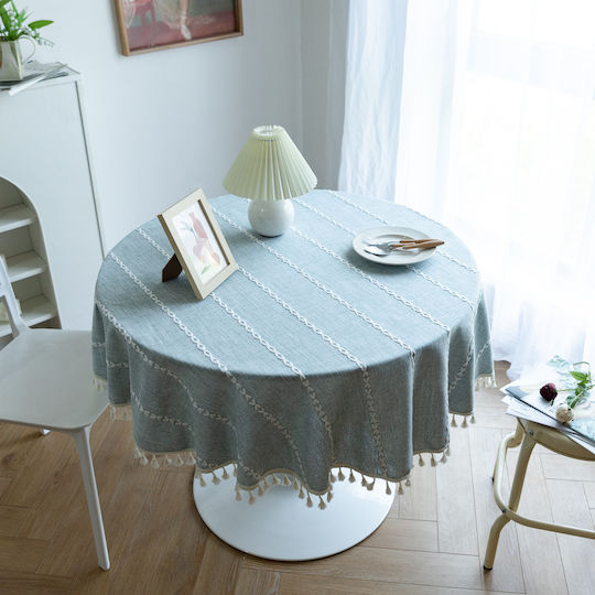 FRIPIA Round Linen Tablecloth With Gray Embroidery Φ180cm