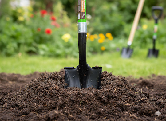 Lopată Mică Dreaptă Lamă Mâner Fibra de Sticlă Cap Metalic 67 Cm Mâner D Verde Negru