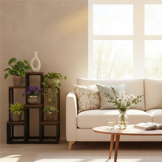 Suport pentru Plante 6 Rafturi Din Lemn Cadru Metalic 51x34x68 Cm Negru