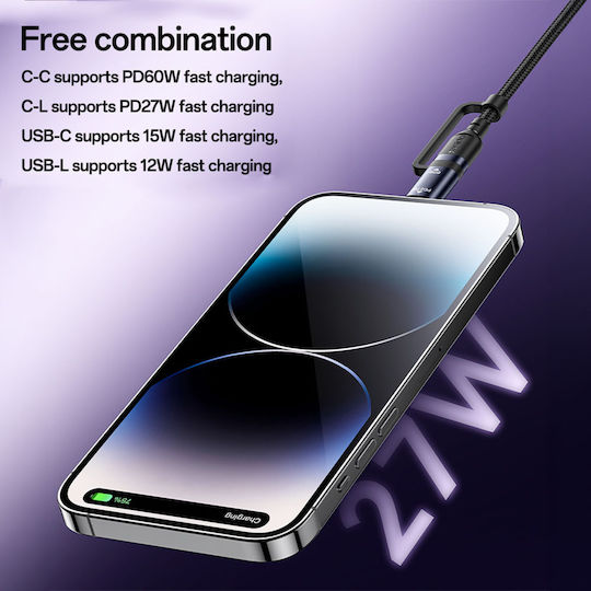 Yesido Braided USB to Type-C / Lightning Cable Μαύρο 1m
