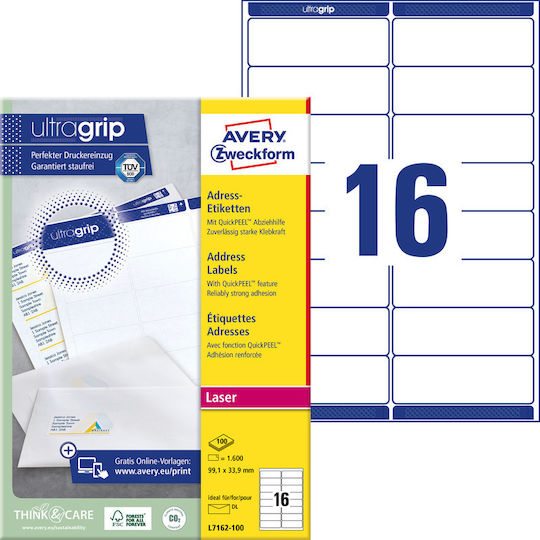 Avery 1600 Self-Adhesive Rectangular A4 Labels 99.1x33.9mm