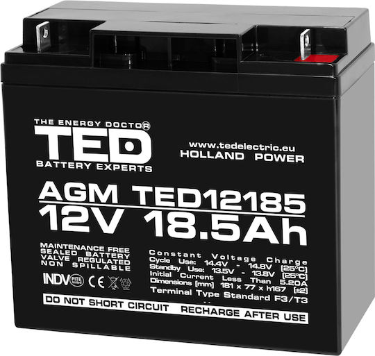 Ted Батерия 12V 18.5Ah AGM Оловно Киселинна Клема T3 181mm x 76mm x H167mm