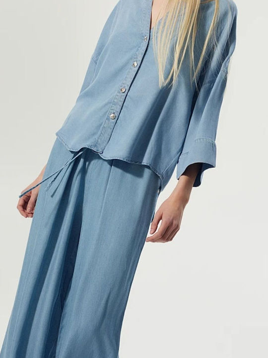 Pantaloni Dama Din Țesătură Cu Elastic Croială Regular Albastru Deschis