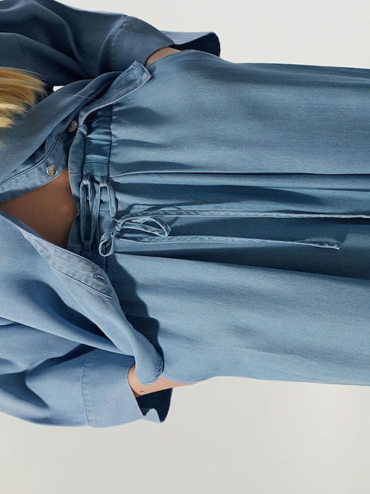 Pantaloni Dama Din Țesătură Cu Elastic Croială Regular Albastru Deschis