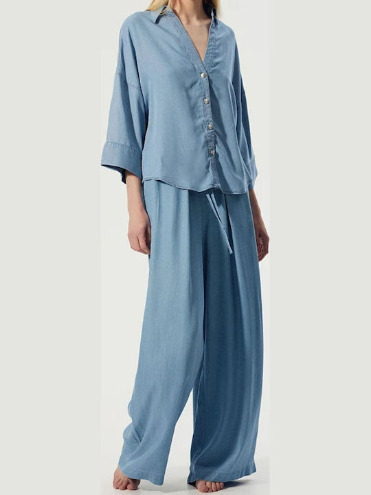 Pantaloni Dama Din Țesătură Cu Elastic Croială Regular Albastru Deschis