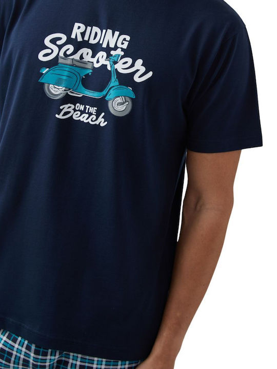 Minerva Sommer Herrenpyjama Karos Baumwollene Marineblau