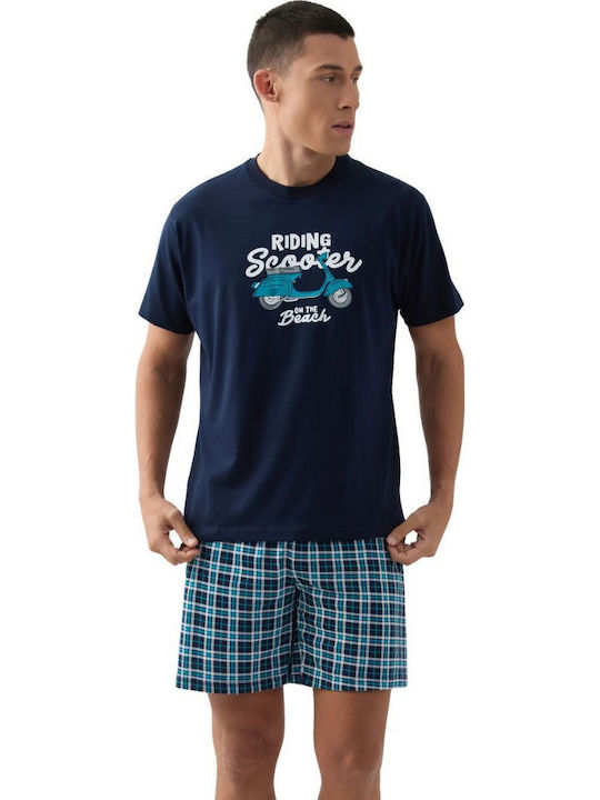 Minerva Sommer Herrenpyjama Karos Baumwollene Marineblau