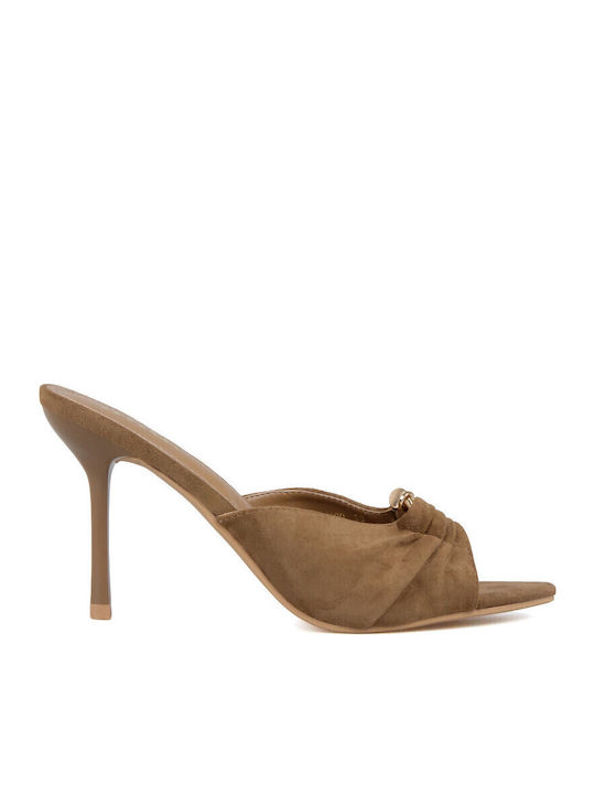 Suede Mules With High Heel In Brown Colour