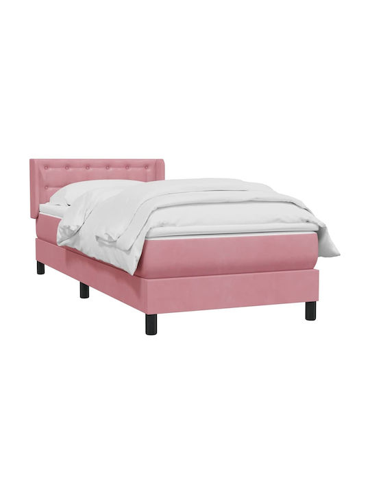Pat Single Tapițat cu Material Textil Roz cu Plăci și Saltea 90x220cm