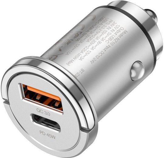 Hoco NZ10 Автомобилно Зарядно Устройство 45W 4A Бързо Зареждане с Портове 1xUSB-A 1xType-C Сребрист Цвят