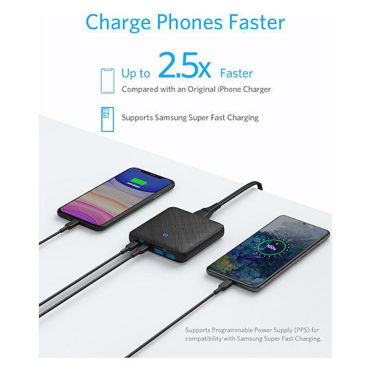 Anker mit 3 USB-A Anschlüssen und USB-C Anschluss 65W Stromlieferung Schwarz (PowerPort Atom)