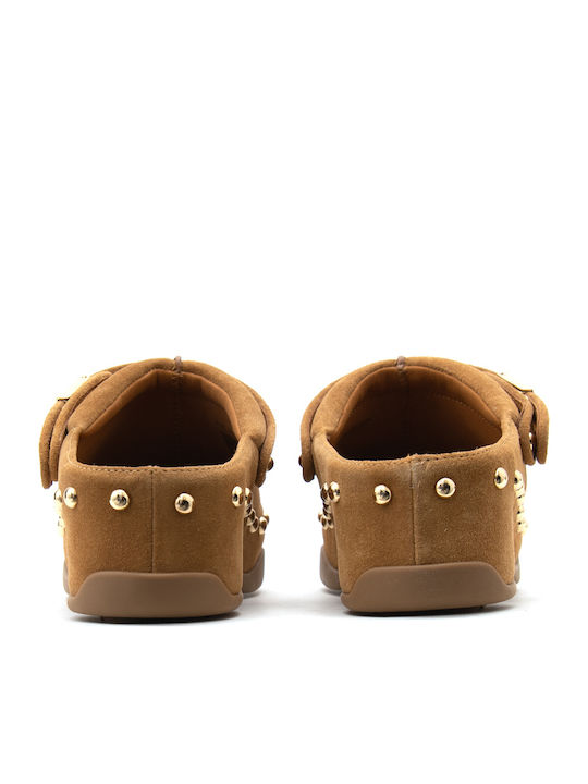 Pescura Suede Mules with High Heel in Tabac Brown Colour