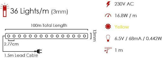 Christmas Light Tube Yellow 220V 36 Light Bulbs 1m IP20