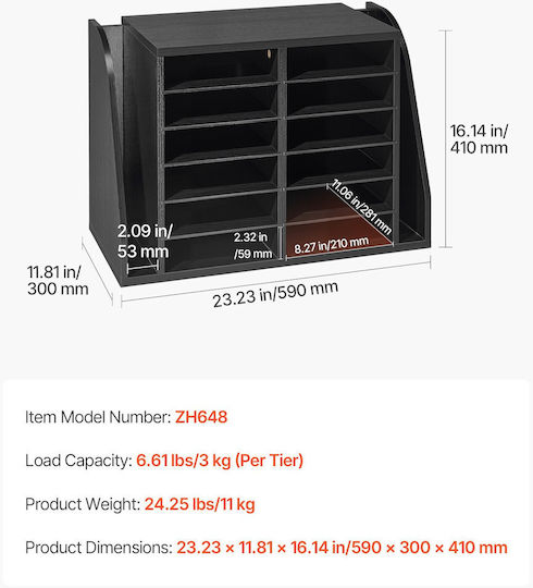 Vevor Document Organizer 12 Slots Office Side Vertical Storage Wooden Letter Divider Particle Board Desktop Office Organizer Files Documents Papers Black