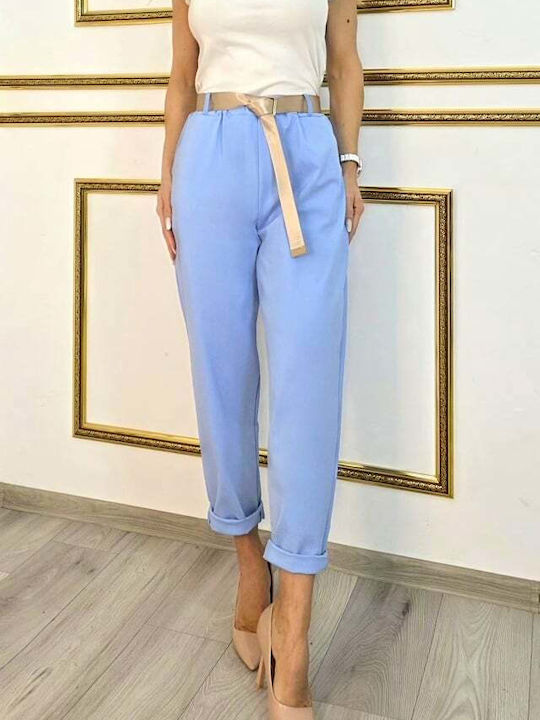 Pantaloni Dama Tesatura Cu Cauciuc În Fit Relaxed Model Cu Dungi Albastru Deschis