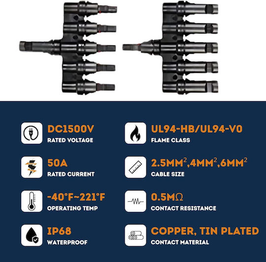 Conector Splitter Tip T Mc4 Solar 1 La 5 – Pereche M→fffff + F→mmmmm 1500v Dc 50a Ip68 Material Ppo Rezistent Uv Cablu 2.5 Mm² 4 Mm² 6 Mm² – Onuvio