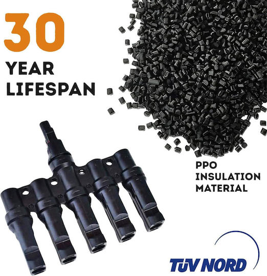 Conector Splitter Tip T Mc4 Solar 1 La 5 – Pereche M→fffff + F→mmmmm 1500v Dc 50a Ip68 Material Ppo Rezistent Uv Cablu 2.5 Mm² 4 Mm² 6 Mm² – Onuvio