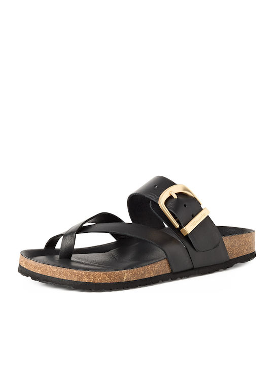 Damentliche Leder Flache Sandalen Schwarz