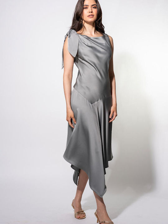 Elania Sommer Midi Abendkleid Satin Drapierung Grau