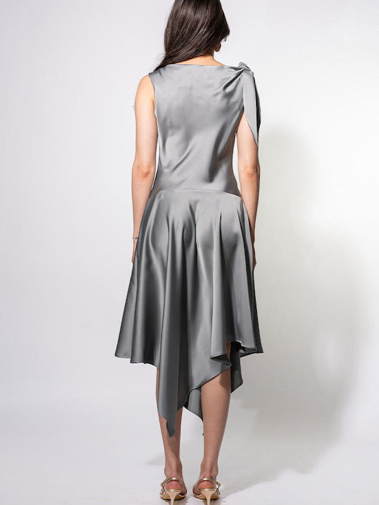 Elania Sommer Midi Abendkleid Satin Drapierung Grau