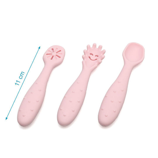 Kiokids Baby Set with Fork Made of Silicone for 6+ Months Pink 3 Pieces