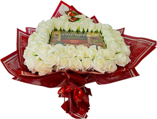Premium Heart White Bouquet In Heart Shape 61 Soap Roses Cherry Candies In Dark Chocolate 50 Cm