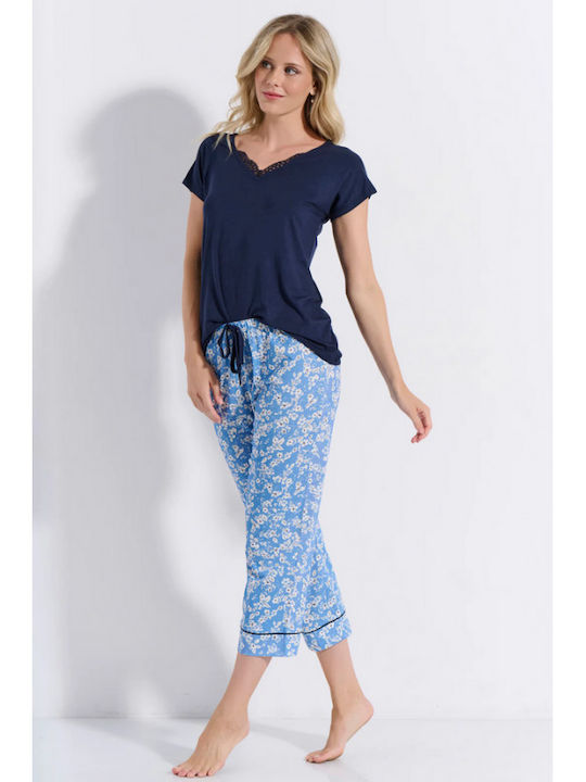 Jeannette Lingerie Καλοκαιρινό Γυναικείο Σετ Πιτζάμας Μπλε