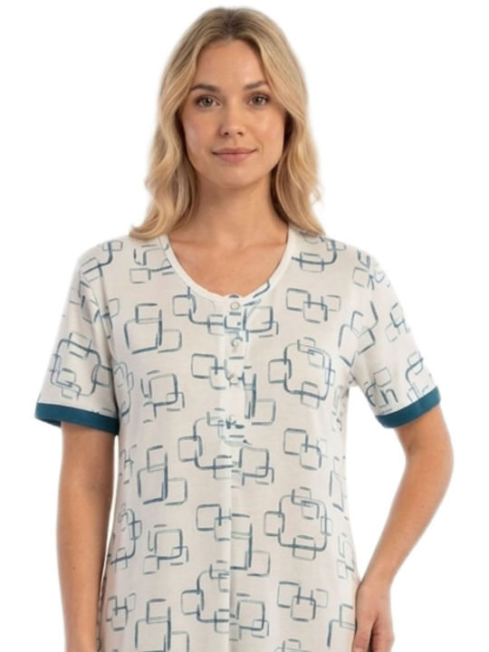 Giota Summer Cotton Women's Nightgown White- Blue