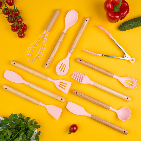 Serving Utensil Set Made of Silicone With Stand 12 Pieces Pink