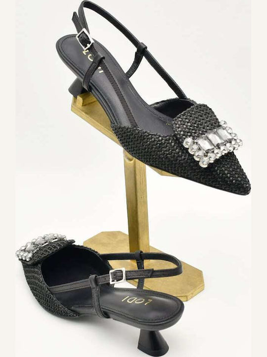 Leather Pointed Toe Heels with Strap & Medium Black Heel