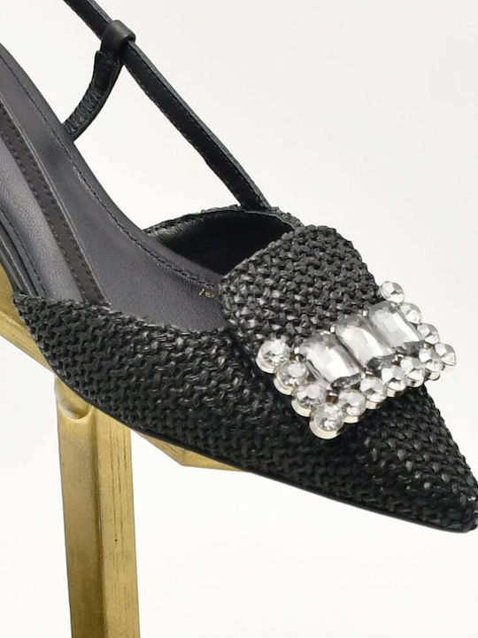 Leather Pointed Toe Heels with Strap & Medium Black Heel