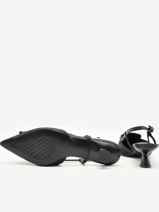 Leather Pointed Toe Heels with Strap & Medium Black Heel