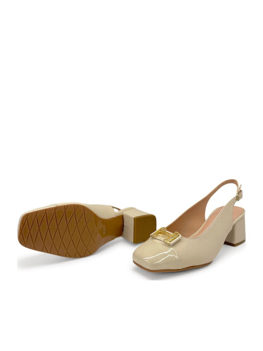 Leder Pumps mit Mittelhohem Beigen Absatz