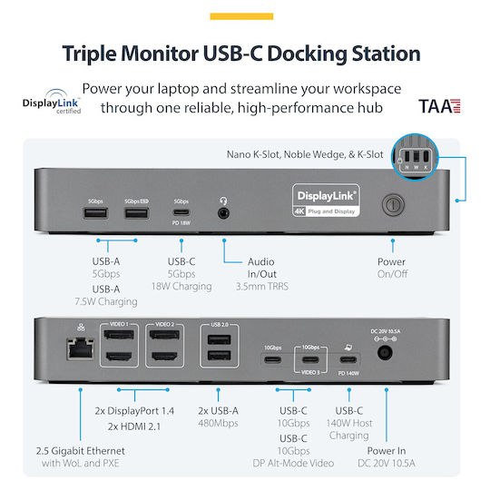 StarTech Dock / USB-A / USB-C Docking Station με HDMI/DisplayPort 4K PD Ethernet και σύνδεση 2 Οθονών Μαύρο (DK30C2DPEPRUE)