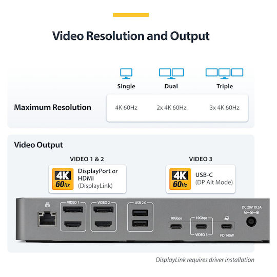 StarTech Dock / USB-A / USB-C Docking Station με HDMI/DisplayPort 4K PD Ethernet και σύνδεση 2 Οθονών Μαύρο (DK30C2DPEPRUE)