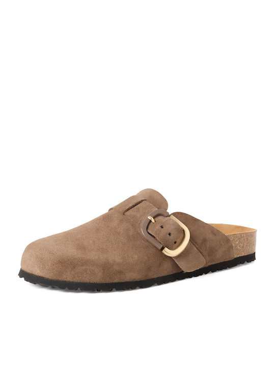Leather Winter Women's Slippers Brown