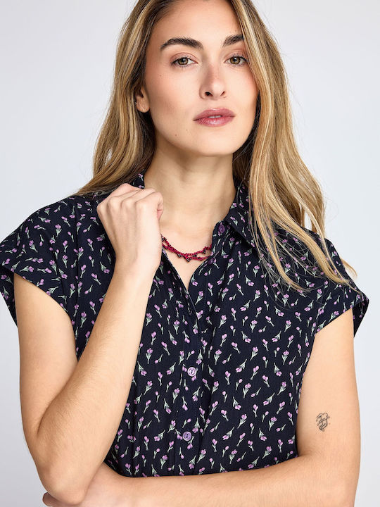 Short Sleeve Women's Shirt Floral Floral FBL013-105-05-Navy