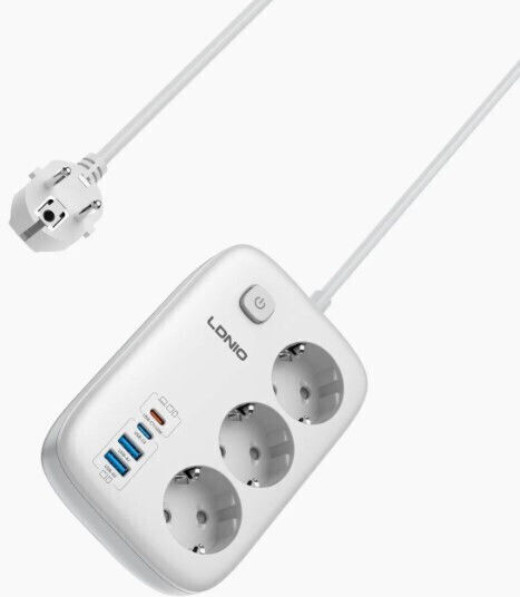 Ldnio Πολύπριζο Aσφαλείας 3 Θέσεων με USB-A, Διακόπτη και Καλώδιο 2m