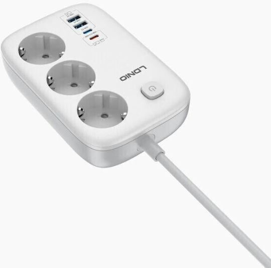Ldnio Πολύπριζο Aσφαλείας 3 Θέσεων με USB-A, Διακόπτη και Καλώδιο 2m