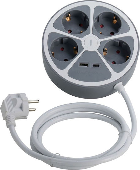 Steckdosenleiste 4 Steckdosen mit USB-A USB-C Schalter und Kabel 1,5 m Grau