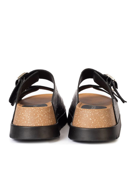 Leder Flache Sandalen Für Damen Schwarz