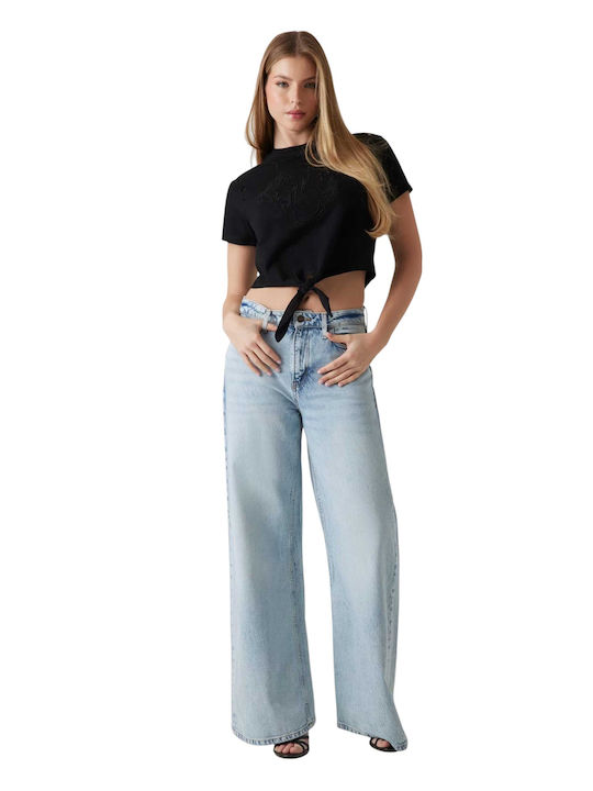 Damen Sommer Crop Top Baumwolle Kurzärmelig Schwarz