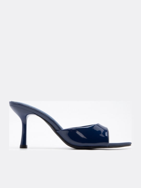 Patent Leather Mules With High Heel In Navy Blue Colour