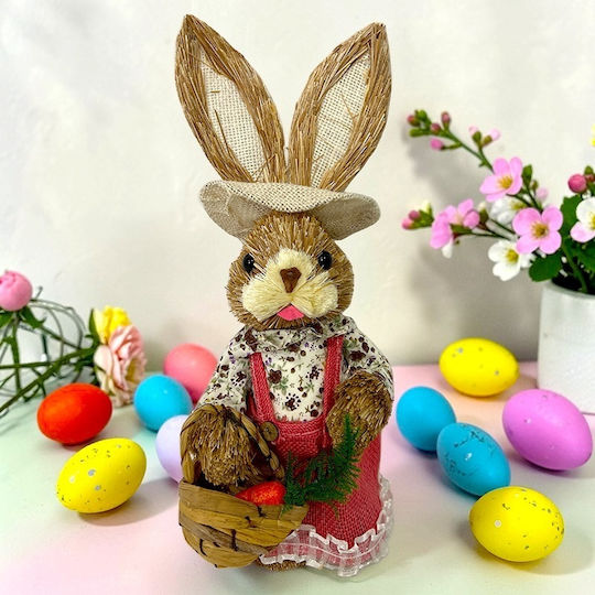 Easter Decoration Rustic Bunny Basket Made Straw Textile 28 Cm