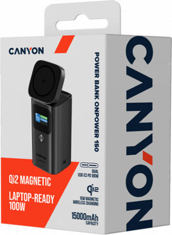Canyon OnPower MagSafe 15000mAh 100W με Θύρα USB-A και 2 Θύρες USB-C Power Delivery Μαύρο