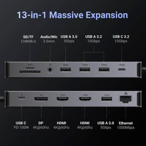Ugreen CM681 USB-C Docking Station με HDMI/DisplayPort 4K PD Ethernet και σύνδεση 3 Οθονών Ασημί