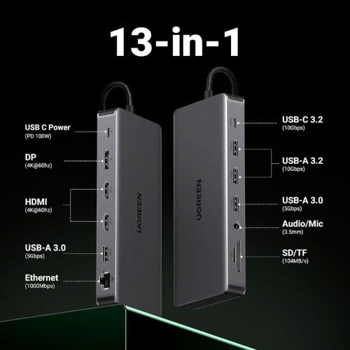 Ugreen CM681 USB-C Docking Station με HDMI/DisplayPort 4K PD Ethernet και σύνδεση 3 Οθονών Ασημί